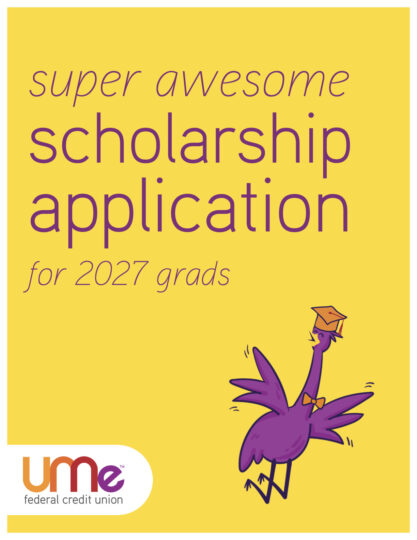 Purple Emu Jumping on a Yellow Background with Purple Text