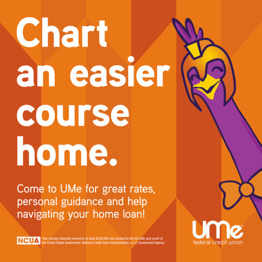 Purple Emu with a Gladiator Helmet, White Text on an Orange Patterned Background