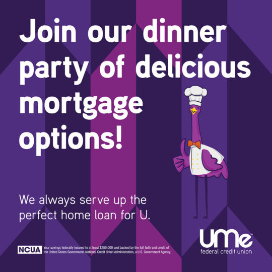 Emu in a Chefs Outfit, with White Text, on a Purple Patterned Background