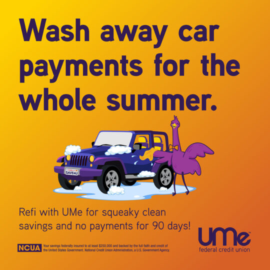 Purple Emu, washing a car, with a yellow gradient background and Purple Text